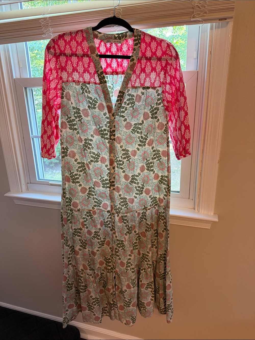 Zara Floral Maxi Dress with Pink Yoke and Green Leaf Print